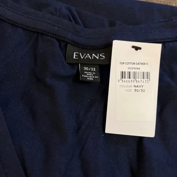 Evan's Cotton Gather V-Neck Navy Shirt Size 30/32 - Picture 3 of 4